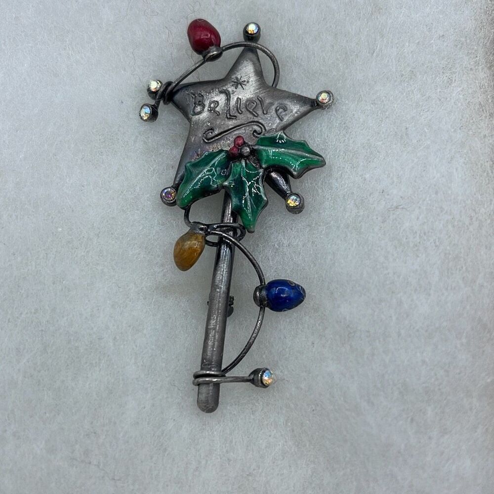 Vintage pewter “ Believe “ Christmas star enamel rhinestones.
